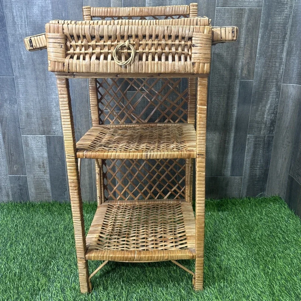 Vintage MCM Wicker Rattan 3 Tier Shelf Bookcase Plant Stand w/ Drawer Boho